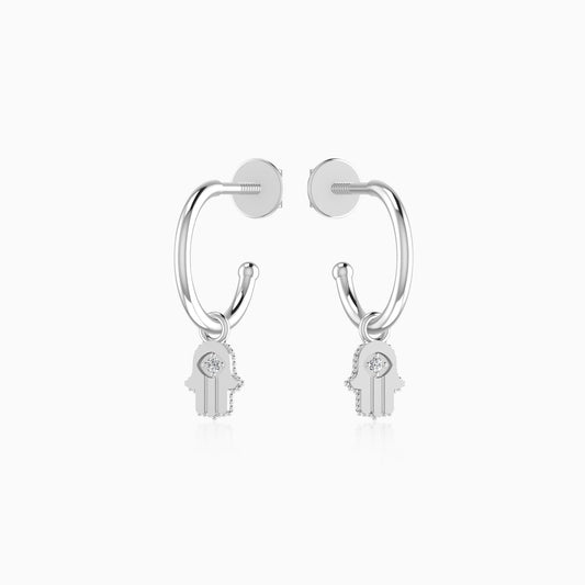 Hamsa Charm Silver Half Hoop Earrings