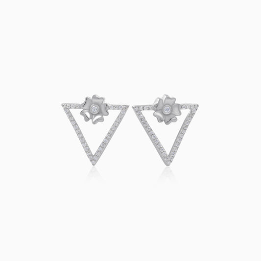 Silver Mystical Triangle Floral Stud Earrings