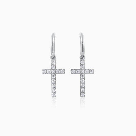 Cross Religious Silver Hoop Earrings